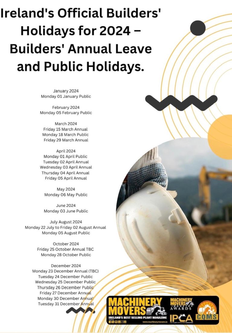 Ireland’s Official Builders’ Holidays for 2024 – Builders’ Annual Leave and Public Holidays.